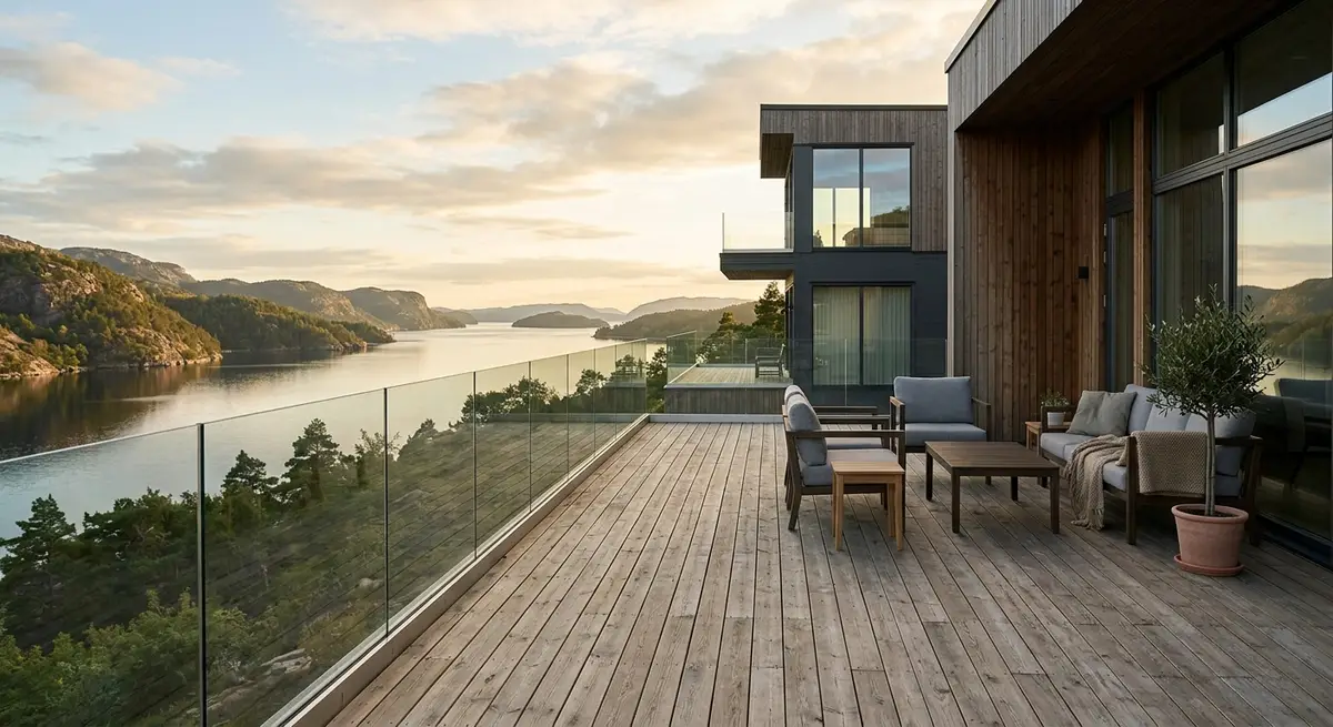 Vedligeholdelsesfrit glasværn monteret på en moderne træterrasse med udsigt over skandinavisk natur.